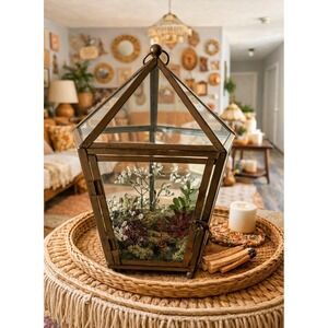 🌿 Vintage Brass & Glass hexagon Hanging or Tabletop lantern Terrarium 16" Tall